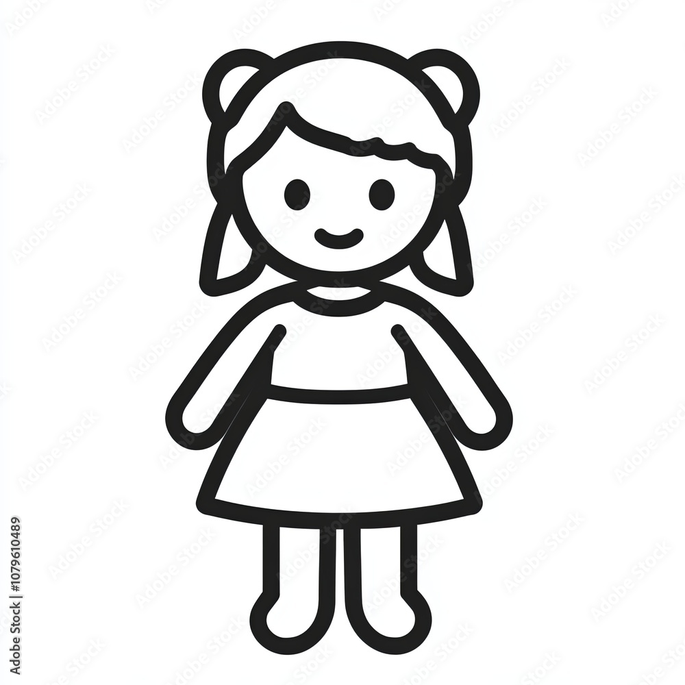 This design showcases a minimalistic doll icon, illustrating a cheerful figure in a dress with a simple hairstyle, set against a clean, white backdrop This design showcases a minimalistic doll icon, illustrating a cheerful figure in a dress with a simple hairstyle, set against a clean, white backdrop