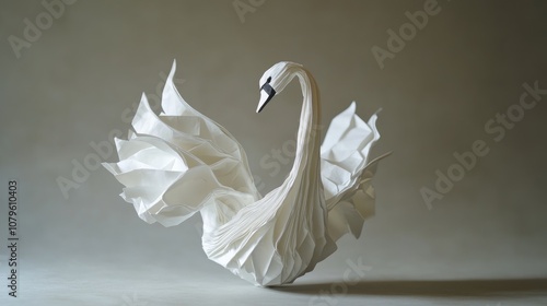 Fototapeta Naklejka Na Ścianę i Meble -  An elegantly designed origami swan showcases intricate folds and exquisite detail standing upright in pristine white paper