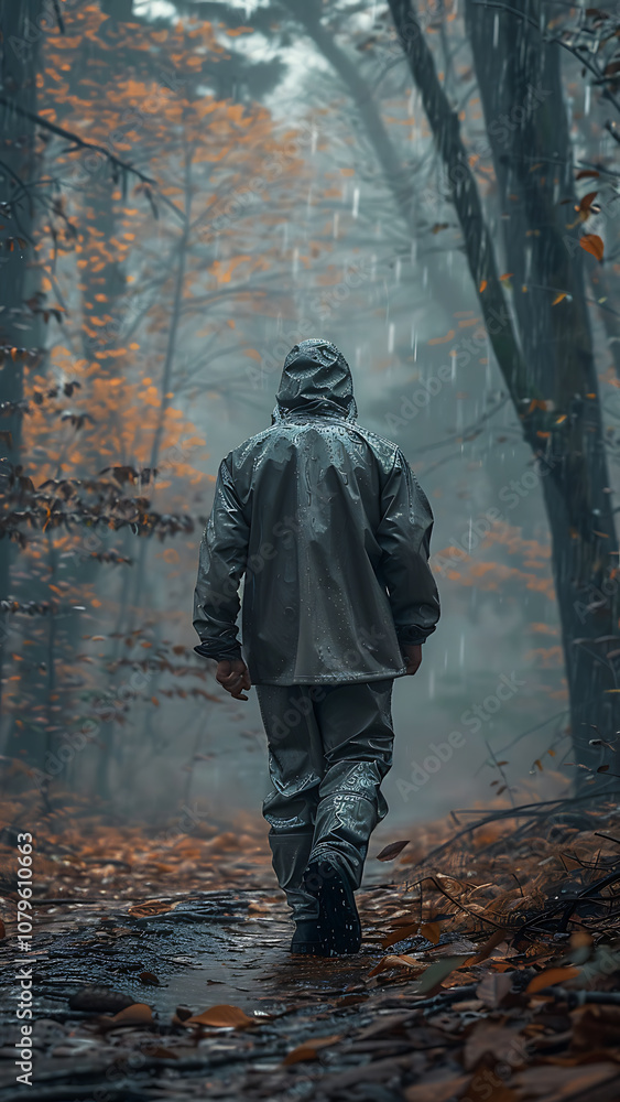 Mysterious Hooded Figure in Misty Forest at Dusk Mysterious Hooded Figure in Misty Forest at Dusk