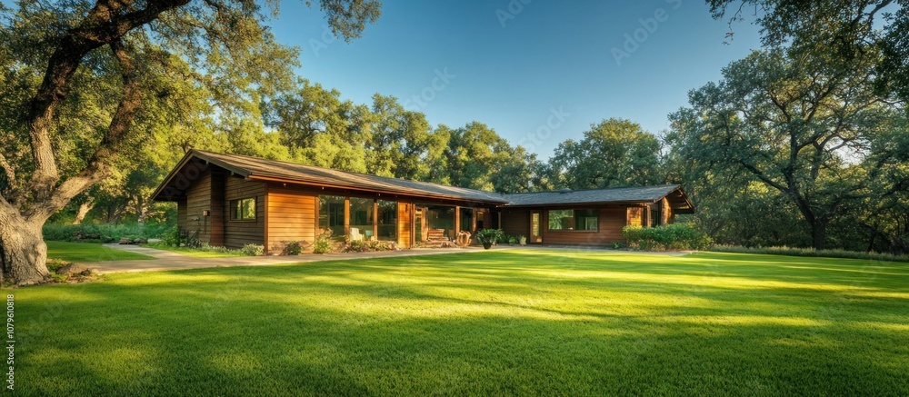 Naklejka premium Modern ranch-style home with a long, low profile, surrounded by trees and a spacious lawn,