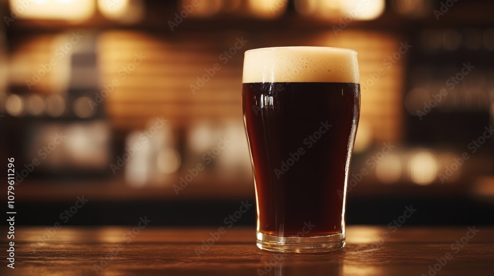 Close up of a dark frothy pint glass filled with rich amber stout or ale placed on a wooden surface in a cozy dimly lit atmosphere Close up of a dark frothy pint glass filled with rich amber stout or ale placed on a wooden surface in a cozy dimly lit atmosphere