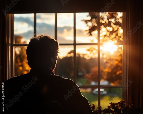 Elderly person looking out a window with gentle reflections of past memories, a sense of nostalgia and reflection on life s journey, captured in rich detail, 8K quality photo