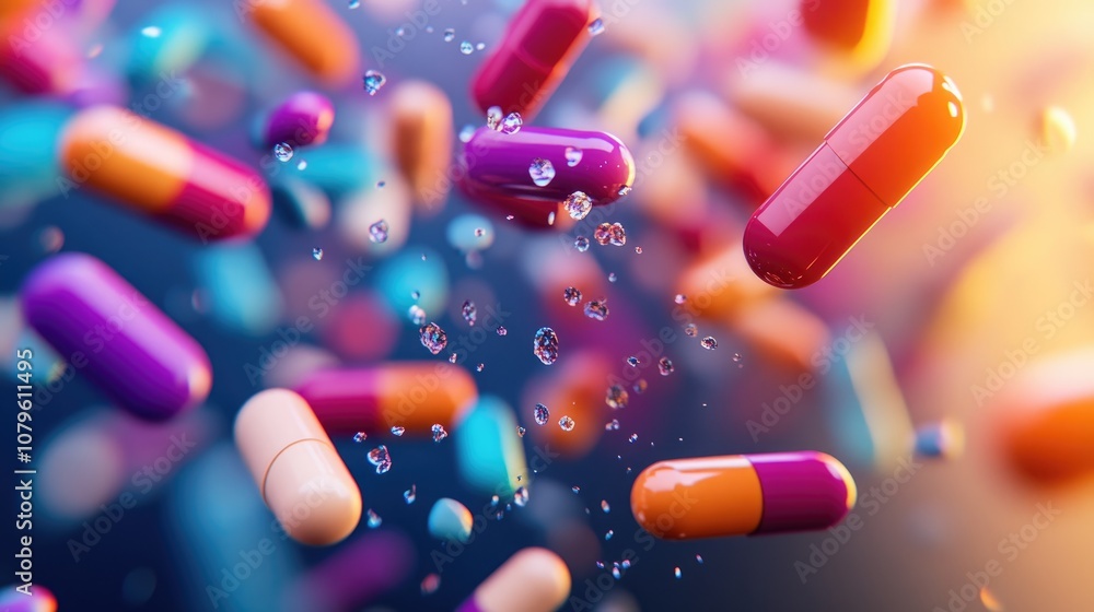 Vibrant pills cascading against a soft focus backdrop representing themes of health medicine and pharmacy Vibrant pills cascading against a soft focus backdrop representing themes of health medicine and pharmacy