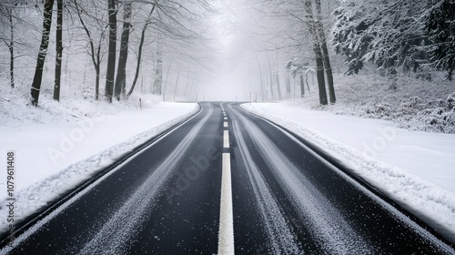 Serene Winter Road in Snowy Landscape with Trees and Soft Fog Creating a Tranquil and Picturesque Atmosphere in a Remote Nature Setting