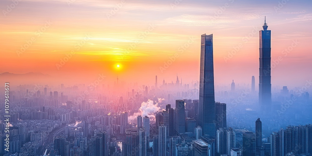 Fototapeta premium A vibrant city skyline at sunset with towering skyscrapers and a colorful sky.