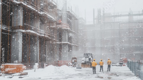 Construction Workers in Winter Weather at a Building Site with Heavy Snowfall and Scaffolding in Progress, Demonstrating Safety Protocols and Teamwork in Challenging Conditions