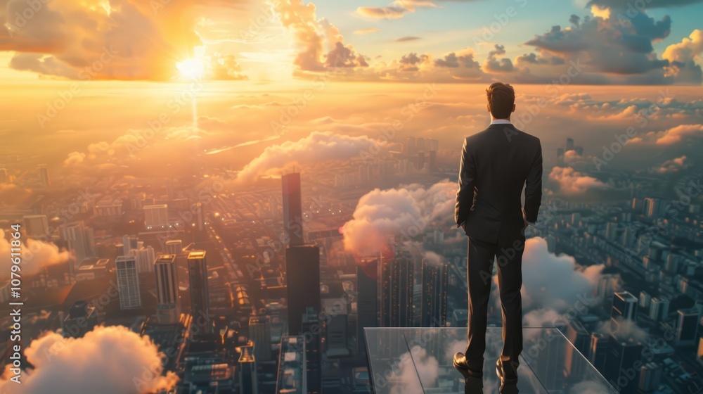 Businessman on Balcony Overlooking City at Sunset Businessman on Balcony Overlooking City at Sunset
