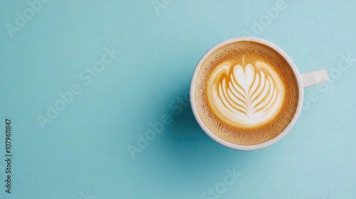 Latte coffee with foam art on a pastel blue background viewed from the top Symbolizes love relaxation energy drinks and coffee shop ambiance