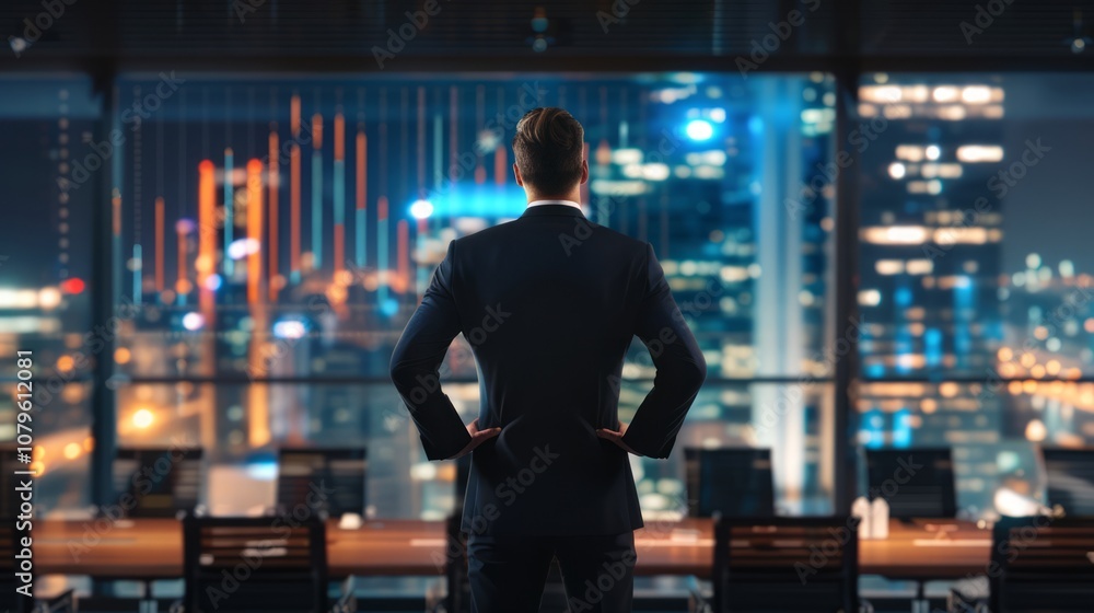 Fototapeta premium Executive in Front of Modern Boardroom at Night