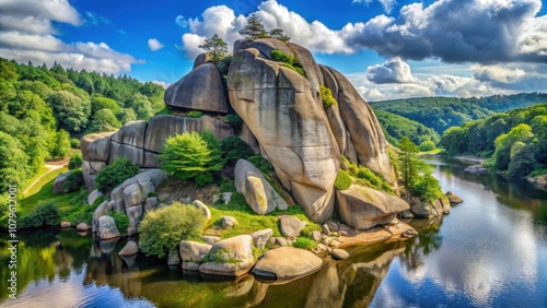 Unique rock formation known as La Roche Tremblante in Huelgoat, Brittany, France , rocking stone photo