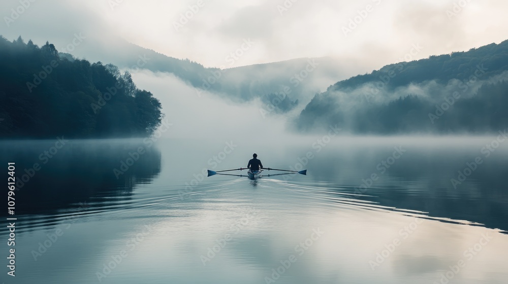A solitary rower smoothly navigates a calm lake surrounded by early morning mist and softly rising hills in the distance A solitary rower smoothly navigates a calm lake surrounded by early morning mist and softly rising hills in the distance
