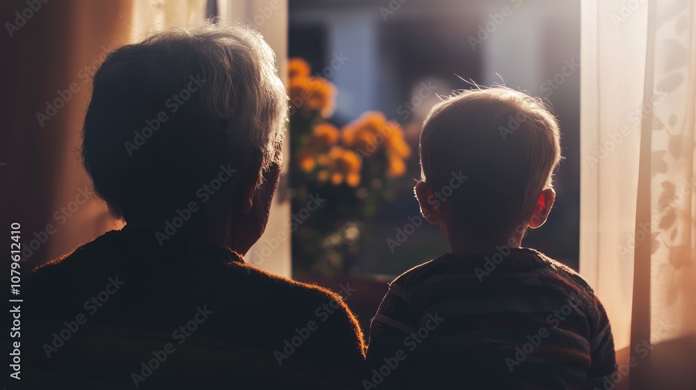Family practicing social distancing with a grandmother and grandchild seen through a window illustrating the concept of maintaining personal space Family practicing social distancing with a grandmother and grandchild seen through a window illustrating the concept of maintaining personal space