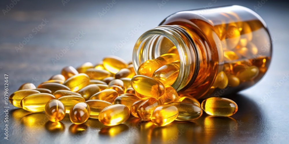 Soft gel pills with Omega-3 oil spilling out of bottle close-up, Health, Immunity, Supplements, Vitamins, Omega-3, Soft gels Soft gel pills with Omega-3 oil spilling out of bottle close-up, Health, Immunity, Supplements, Vitamins, Omega-3, Soft gels