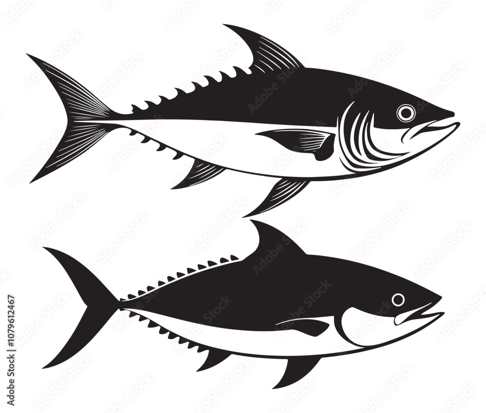 Sea cod fish on a white background, Tuna fish silhouette vector illustration, Sea fish silhouette icon Sea cod fish on a white background, Tuna fish silhouette vector illustration, Sea fish silhouette icon
