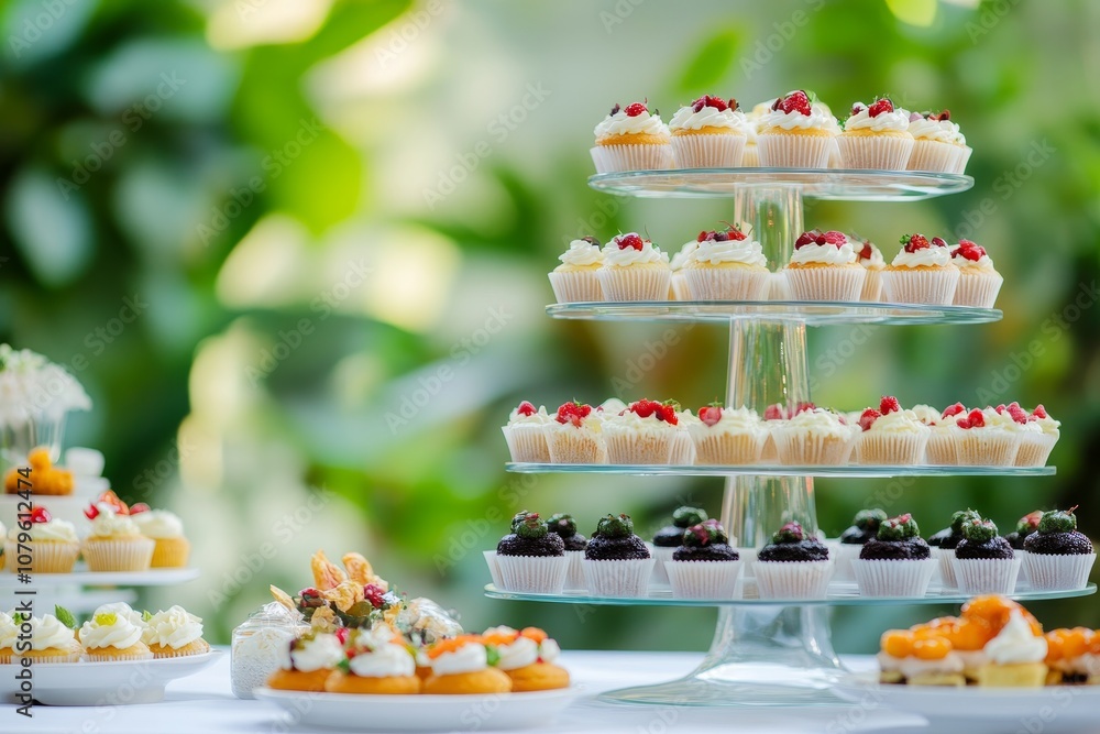 Obraz premium Cupcake dessert table at an outdoor event with a green blurred background.