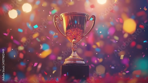 A shiny golden trophy rises prominently surrounded by a vibrant burst of confetti and soft bokeh lights