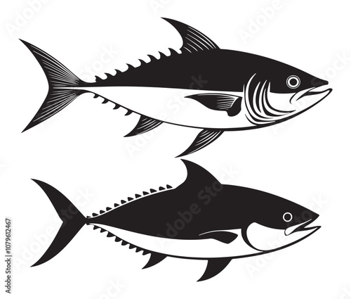 Sea cod fish on a white background, Tuna fish silhouette vector illustration, Sea fish silhouette icon