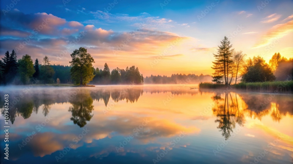 Obraz premium Morning fog enveloping a tranquil lake at sunrise, fog, lake, water, reflection, sunrise, serene, peaceful, tranquil, misty