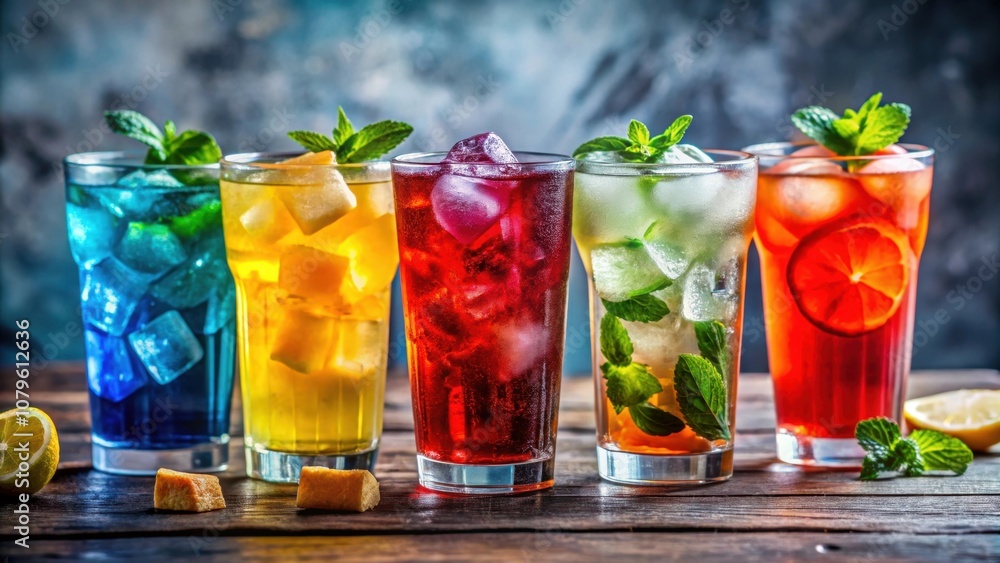 Fototapeta premium Colorful and flavorful soft drinks served in glasses with ice cubes on a table , Soft drinks, colorful, flavorful