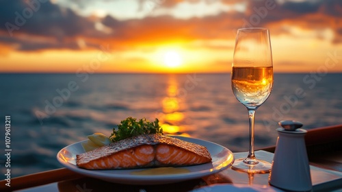 Fototapeta Naklejka Na Ścianę i Meble -  A meal featuring grilled salmon and white wine savored aboard a cruise ship with a breathtaking ocean view during sunset