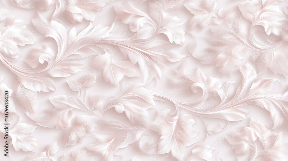 Elegant white floral pattern with delicate swirling leaves Elegant white floral pattern with delicate swirling leaves