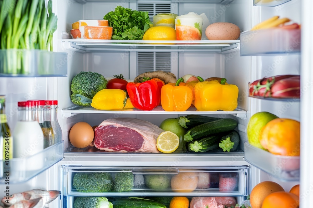 A well-stocked refrigerator with fresh produce, meat, and dairy products. A well-stocked refrigerator with fresh produce, meat, and dairy products.