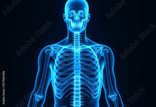 Radiant Blue X-ray Visualization of the Human Torso: Detailed Skeletal Anatomy with a Holographic Effect for Medical Imaging Professionals