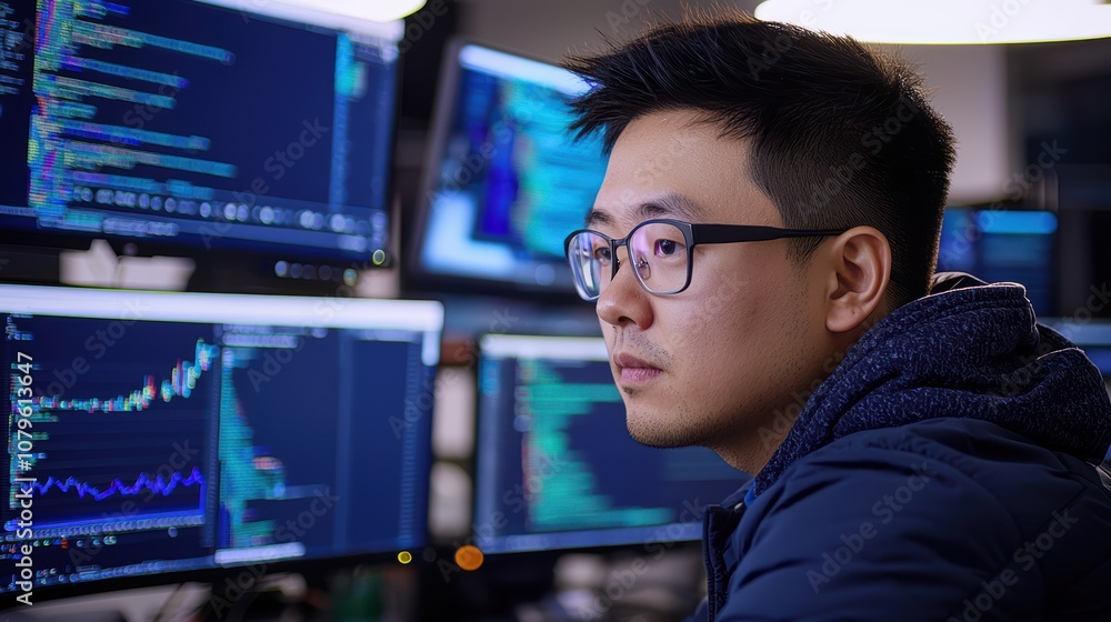 Cyber security expert analyzing data trends modern office professional portrait tech environment focused perspective digital analysis Cyber security expert analyzing data trends modern office professional portrait tech environment focused perspective digital analysis
