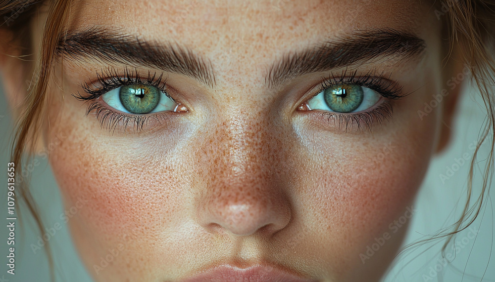 Fototapeta premium Young woman staring at camera with green eyes generated by AI