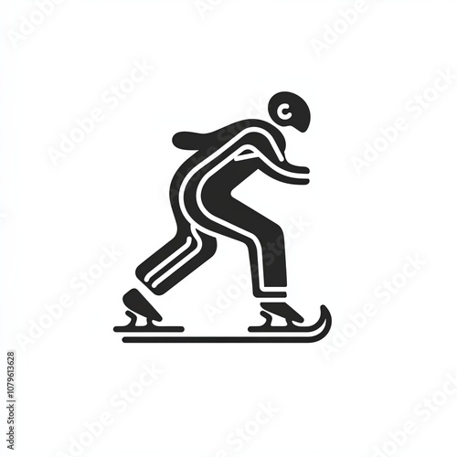 This icon showcases a figure skater in motion on ice, depicted in a minimalist black outline style against a clean white backdrop, symbolizing grace and athleticism