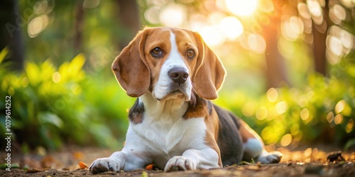 Close up of a tri colour Beagle hound dog relaxing in the shade, Beagle, hound, dog, pet, tri colour, resting, shade, peaceful photo