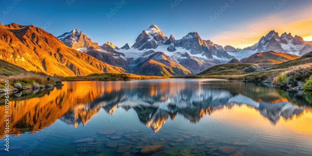 Fototapeta premium Sunrise over Lac Guichard with Arves massif and lake reflection in autumn at Aiguilles d'Arves, French Alps