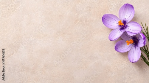 Elegant purple crocus flowers on textured beige background