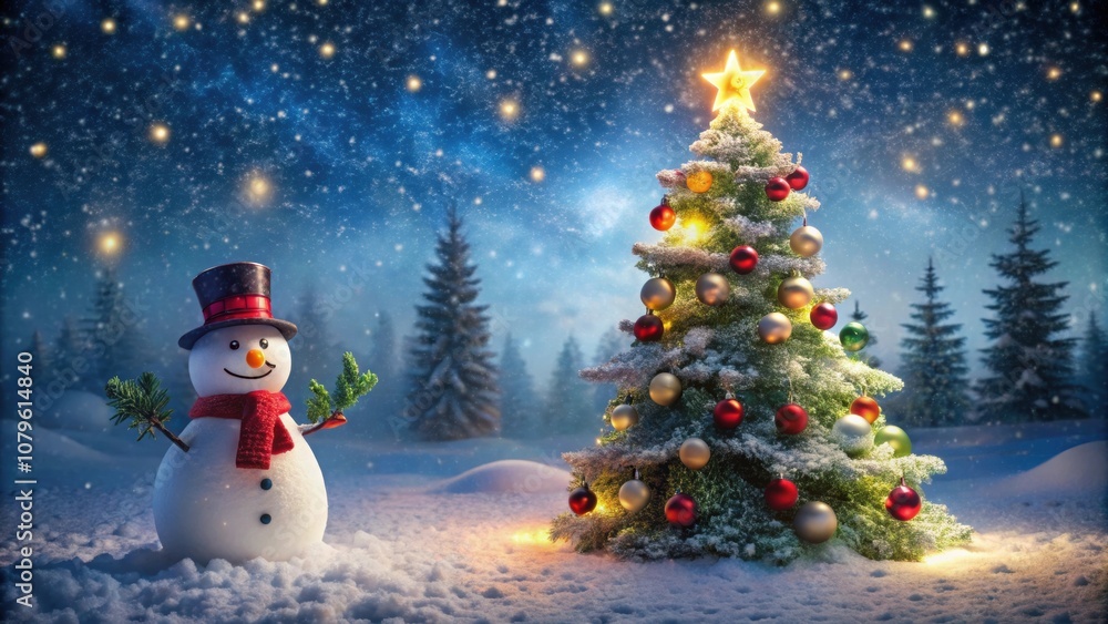 Obraz premium Enchanting winter night with festive Christmas tree snowman , Winter, night, Christmas, holiday, enchanting, festive, tree