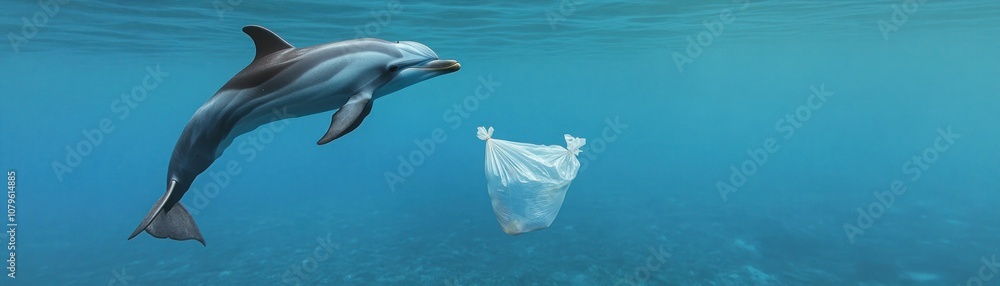 Obraz premium A dolphin swims near a plastic bag in clear water, highlighting ocean pollution.