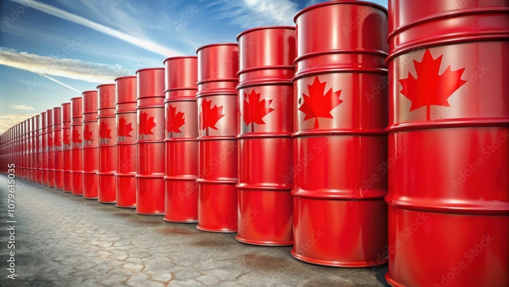 Row of Canada crude oil barrels waiting for transportation , Canadian oil, petroleum, fuel, energy, industry Row of Canada crude oil barrels waiting for transportation , Canadian oil, petroleum, fuel, energy, industry