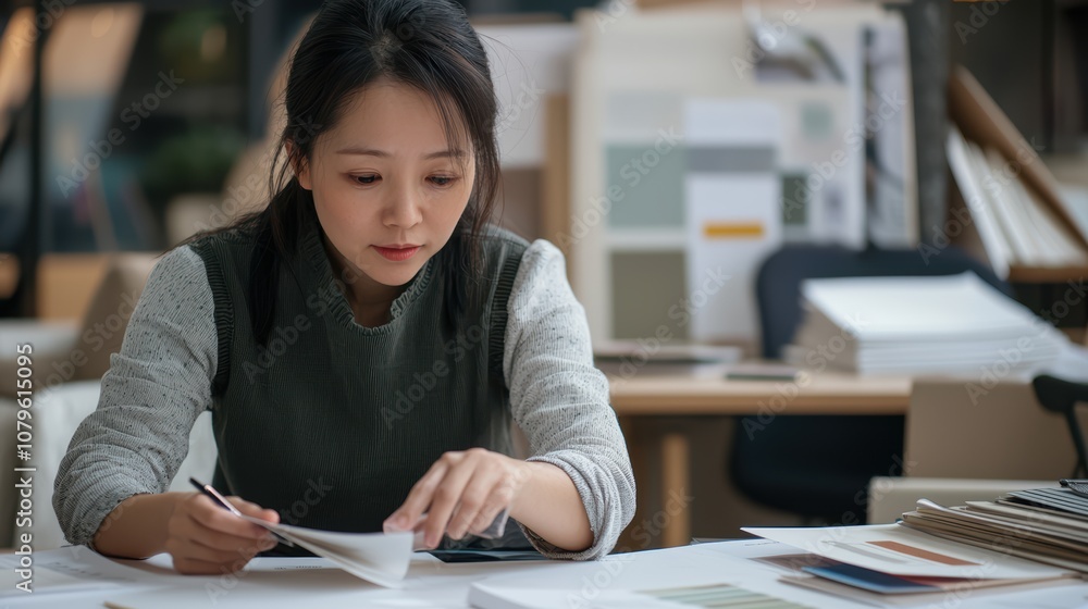Chinese woman working as an interior designer reviewing designs in modern office environment creative workspace perspective Chinese woman working as an interior designer reviewing designs in modern office environment creative workspace perspective