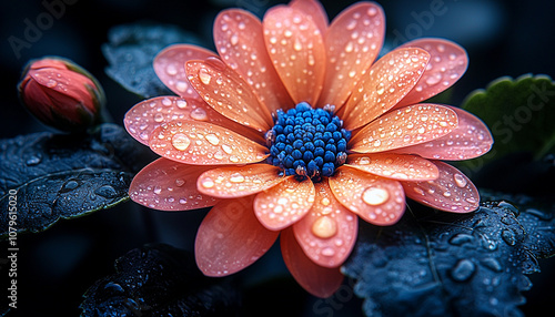 Beautiful flower petals glisten with morning dew drops generated by AI