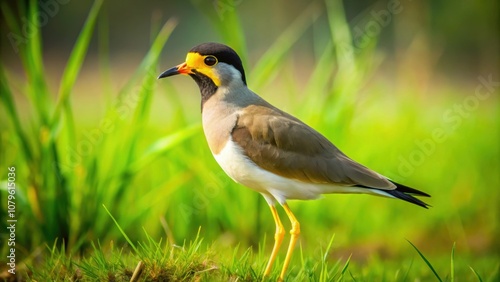 Yellow-wattled Lapwing bird standing on green field, yellow-wattled lapwing, Vanellus malabaricus photo