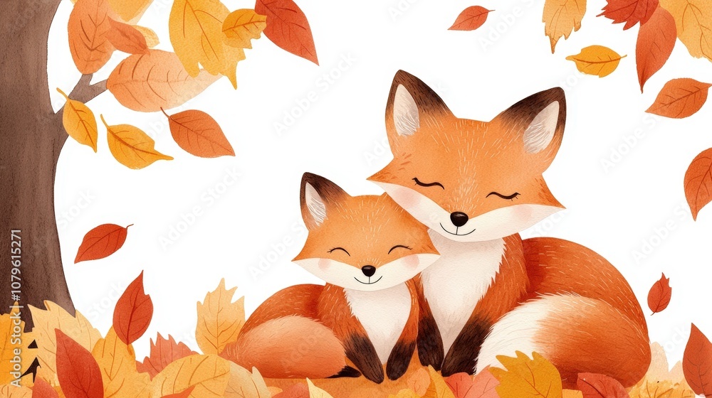 Fototapeta premium Charming autumn foxes resting together amidst falling leaves