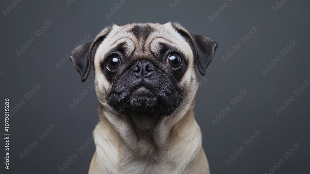 Playful pug standing against a grey backdrop Charming portrait of a small pug with delightful wrinkles Cute close up of an adorable pug dog Playful pug standing against a grey backdrop Charming portrait of a small pug with delightful wrinkles Cute close up of an adorable pug dog