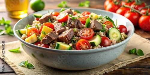 Bowl of delicious beef bulgur salad with fresh tomatoes, zucchini, and savory sauce, food, bowl, beef, bulgur, salad, fresh