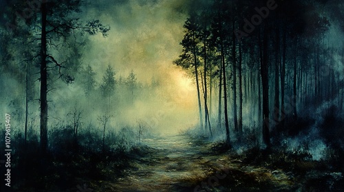 Mystical Forest Path: Sunlight Through Misty Trees