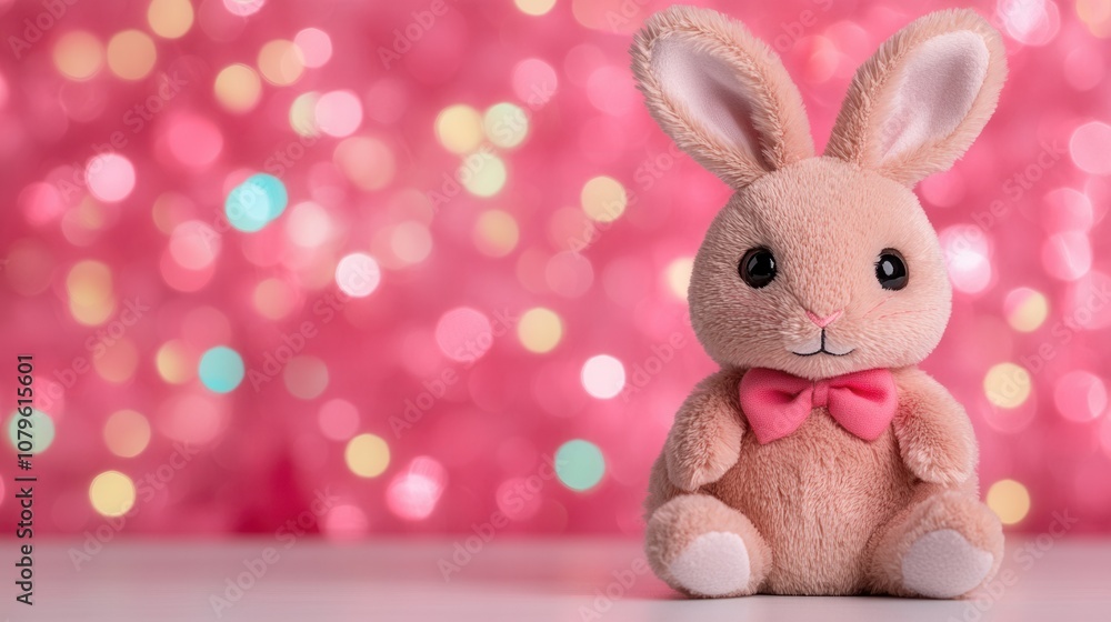 Cute plush bunny with pink bow on sparkling bokeh background Cute plush bunny with pink bow on sparkling bokeh background