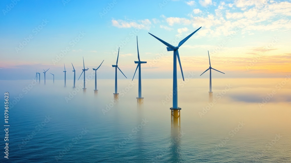 A serene view of offshore wind turbines against a colorful sky at dawn. A serene view of offshore wind turbines against a colorful sky at dawn.