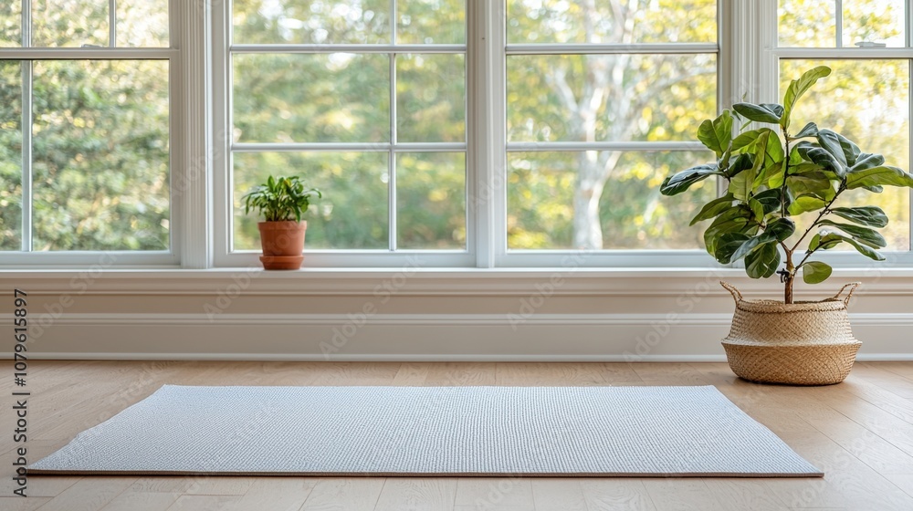 Peaceful yoga space in sunlit room with large windows and indoor plants Peaceful yoga space in sunlit room with large windows and indoor plants