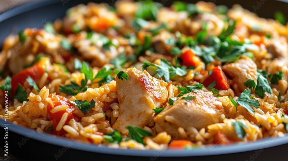Close up of a savory homemade chicken pilaf garnished with fresh parsley and vibrant vegetables in a full pan Close up of a savory homemade chicken pilaf garnished with fresh parsley and vibrant vegetables in a full pan