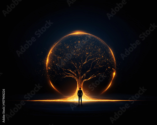 In a dark digital landscape a solitary figure stands before a luminous tree that radiates golden light. This enchanting art symbolizes growth wisdom and the connection between nature and the cosmos
