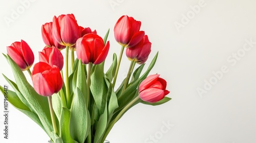 Fresh red tulips with green foliage in a vase against a white backdrop