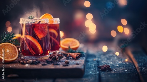 Mulled wine with spices and orange slices presented on a rustic table a festive drink for the winter season enhanced by magical lighting and selective focus photo